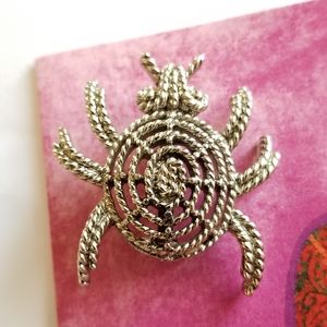 Vintage bug brooch pin silver tone metal beetle insect scarab